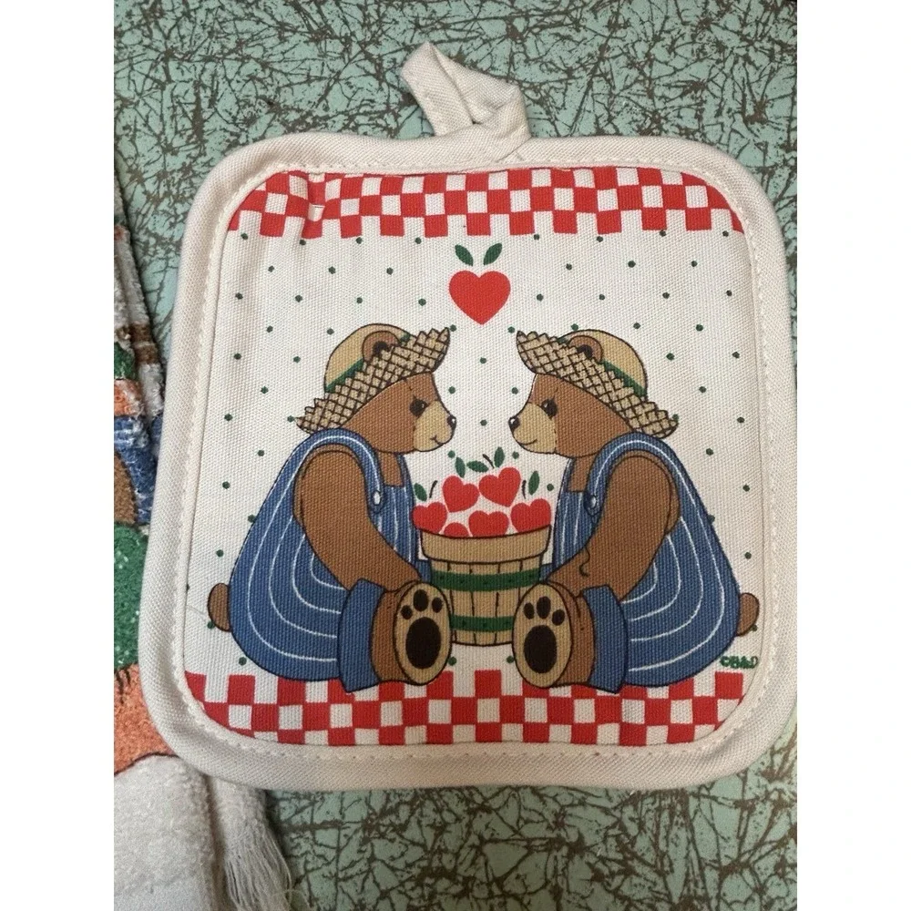 VTG 80s 90s Teddy Bears Kitchen Towel Dishcloth Potholder Set Deadstock New